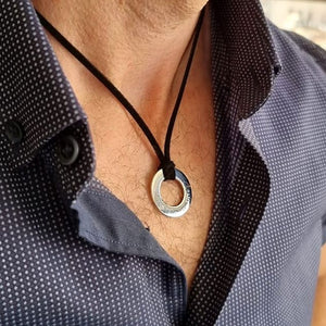Leather jewelry for men - hollow silver circle pendant