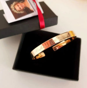 script font engraved gold cuff bracelet