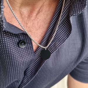 Mens Personalized Black disc pendant necklace - engraving black coin pendant