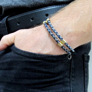 Double Layer blue leather bracelet for men