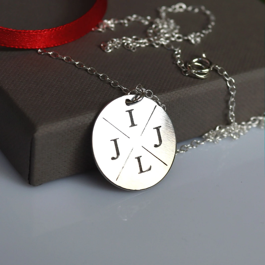 initials engraved round pendant necklace