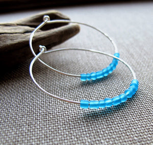 Fashion Sterling Silver Hoops with Blue Beads