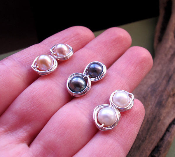 Silver wrapped color pearl earrings