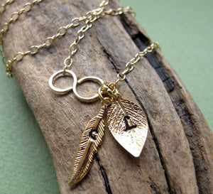 Initial Leaf and Feather Charm Gold Infinity Necklace
