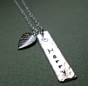 Personalized Hand Stamped Name Necklace with Feather Charm