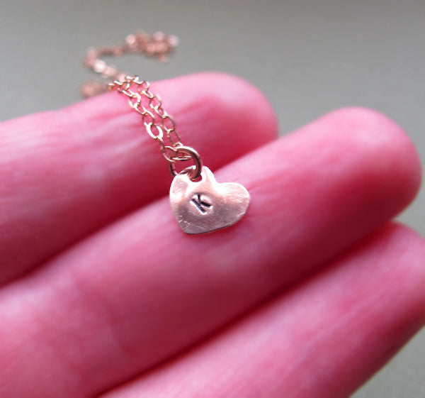 Gold Heart Charm Necklace -Hand Stamped Initial Heart Pendant