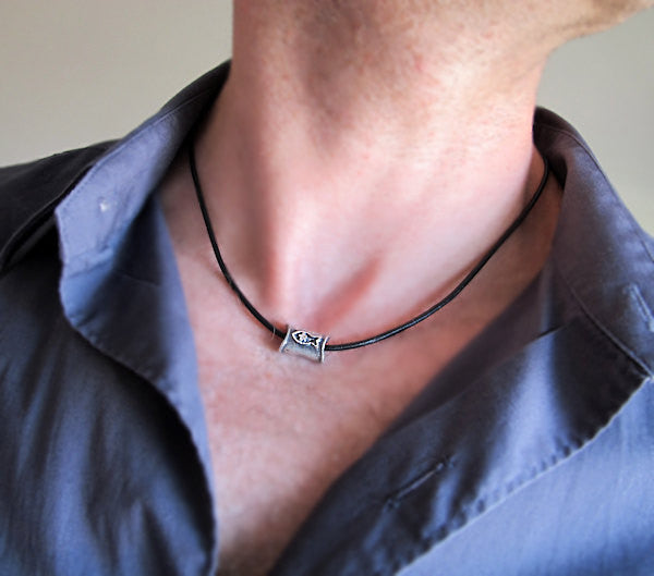 Fish pendant leather choker necklace