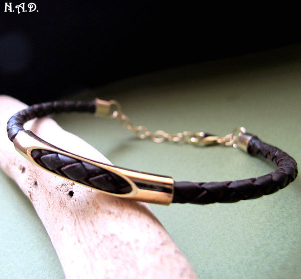 Gold and leather braided cuff bracelet