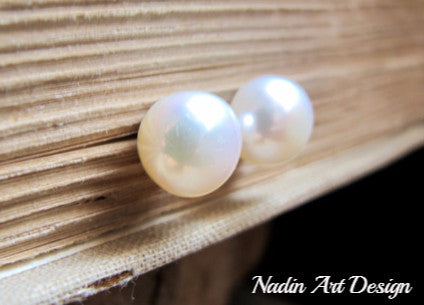 Gold Studs with Big Freshwater Pearls, Large Pearl Stud Earrings - Ivory AAA Pearl Button Studs