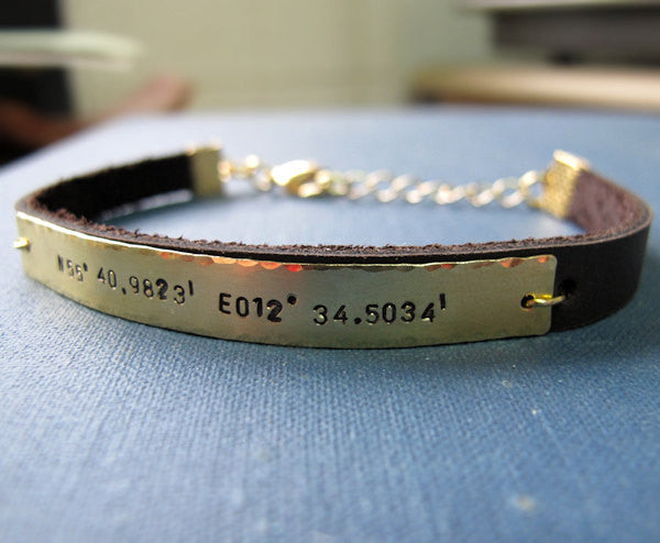 Hand stamped plate leather bracelet