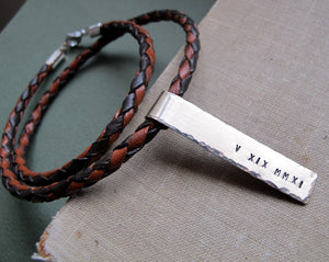 roman date engraved pendant for men - custom leather mens necklace