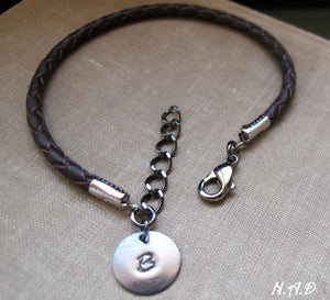 Braided Brown Leather Bracelet with Initial Disc