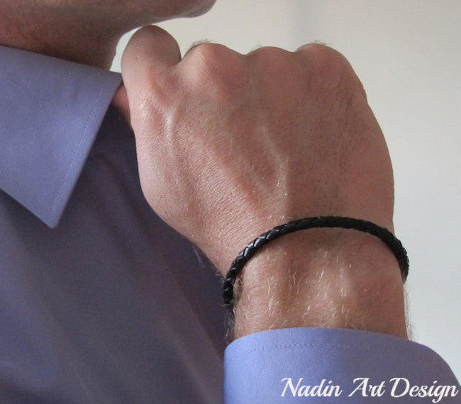 Black  leather braided bracelet for men