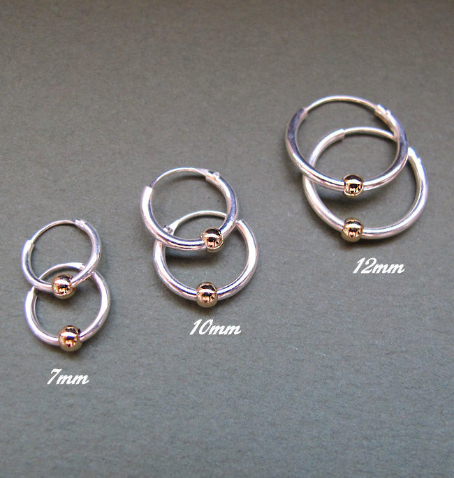 small hoops with bead, sterling silver hoops, Endless hoops, fashion earrings, everyday earrings