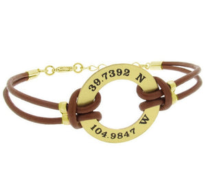 Custom washer mens leather bracelet - GPS engraved Bracelet in Gold for men
