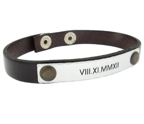 Mens engraved leather bracelet - Roman numeral Bracelet for men