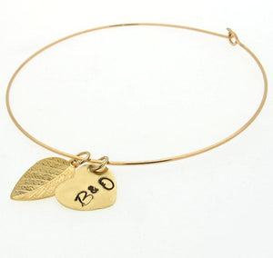 gold bangle bracelet with heart charm - leaf dangle gold bangle - initials bangle bracelet