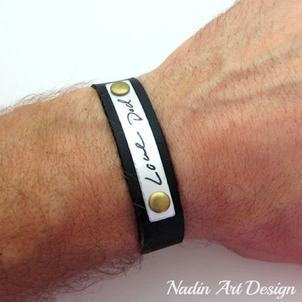 Personalized bracelet for dad - Custom Handwriting Leather Bracelet for men