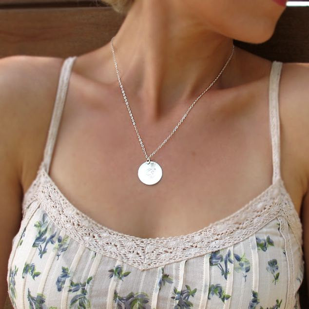 Engraved round silver pendant necklace