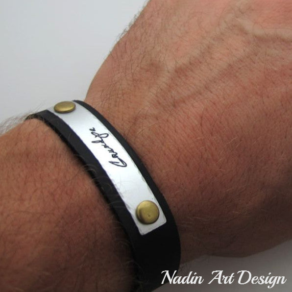 Signature engraved leather cuff  - Engraved Handwriting Bracelet for Men 