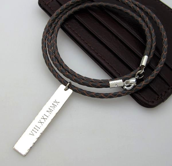 Braided cord necklace with engraved tag pendant