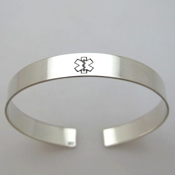 Medical id sterling silver cuff bracelet