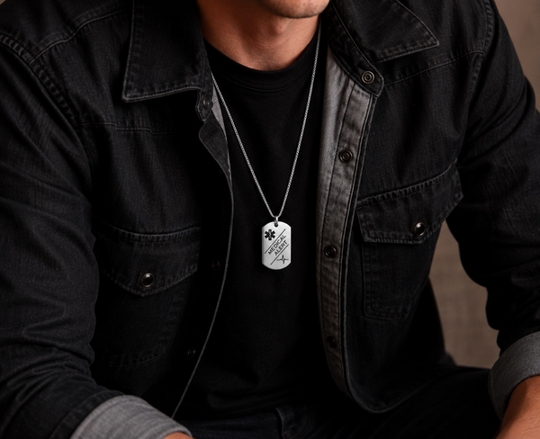 Personalized Medical Alert Necklace for Men – Custom Engraved Dog Tag, Emergency ID Pendant, Medication & Contact Info