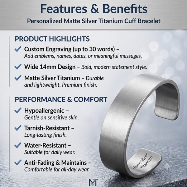 Silver Matte Cuff Bracelet for Men - Personalized Wide Bangle