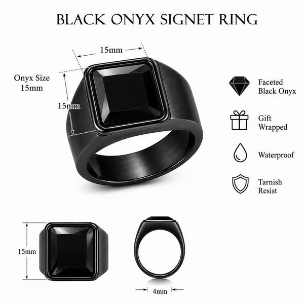 Men's Square Black Onyx Ring – Black Titanium Signet Ring
