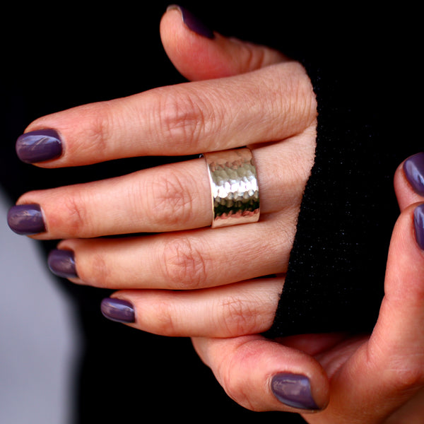 Wide Sterling Silver Hammered Band Ring for Her or Him