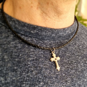 Leather necklace with the large cross pendant for men