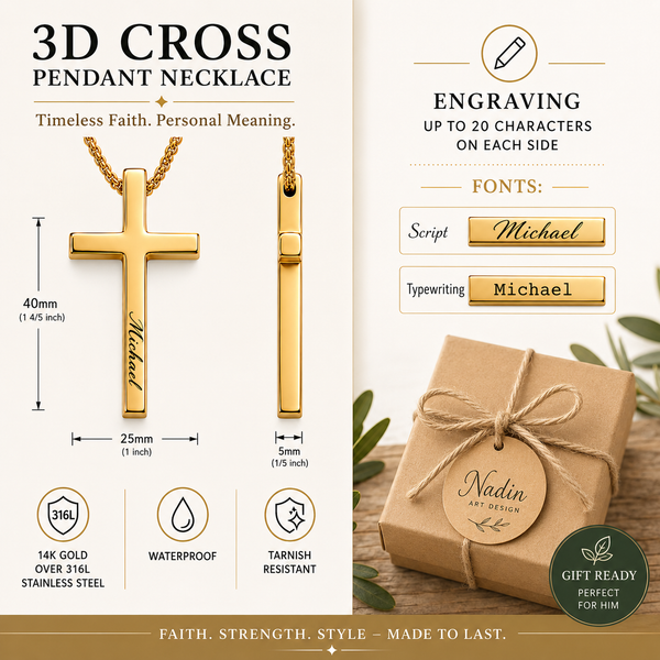 3D Personalized Cross Pendant Necklace for Men Custom Engraved