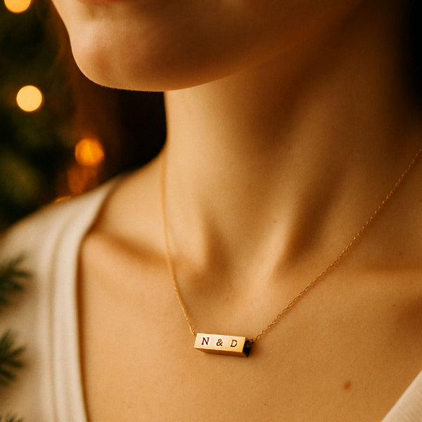 Gold Rectangular Tube Engraved Necklace