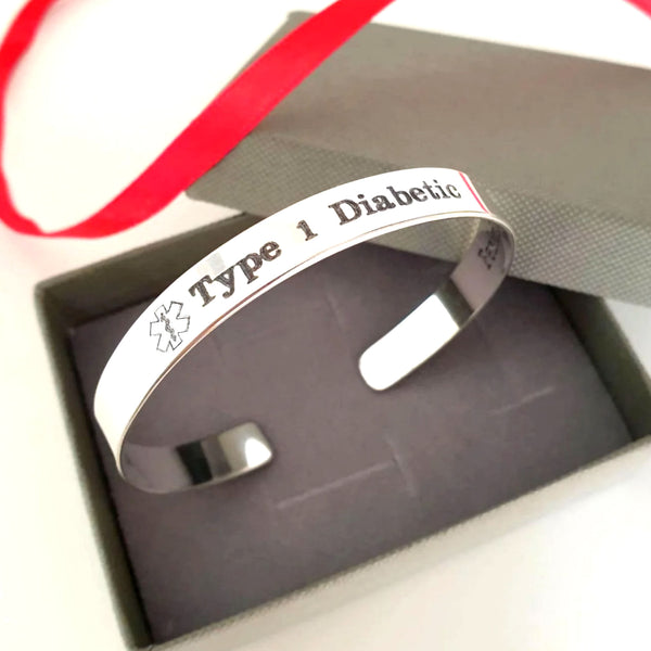 Custom Medical Alert Cuff Bracelet for Women Personalized Star of Life Symbols Sterling Silver Bangle