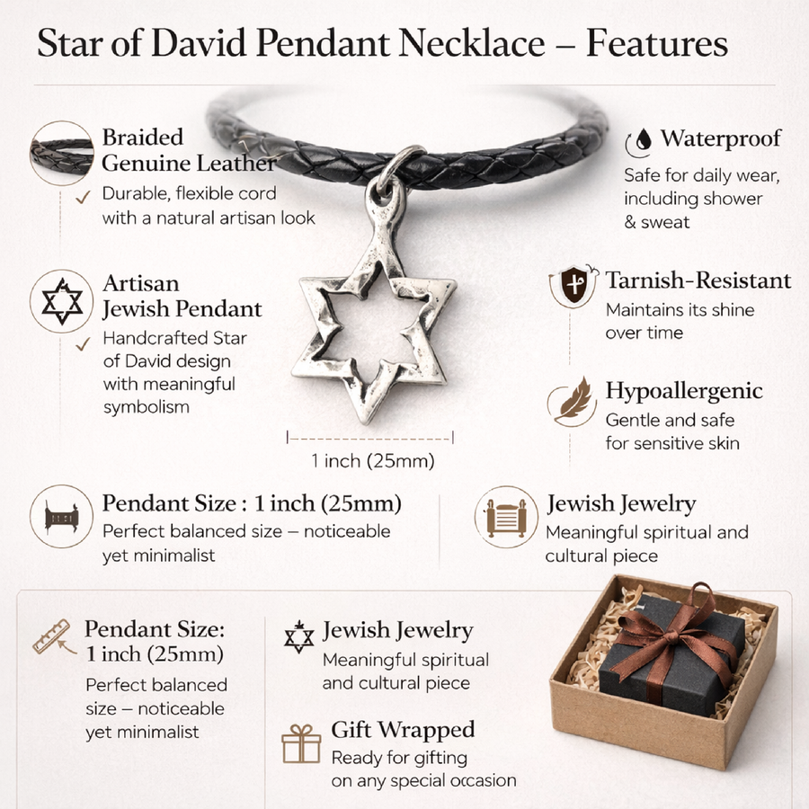 Jewish Star Pendant on Leather braided cord necklace