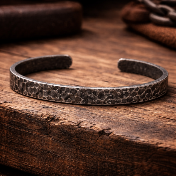 Personalized Men's Hammered Black Cuff Bracelet – Rustic Textured Titanium Bracelet with Hidden Engraving