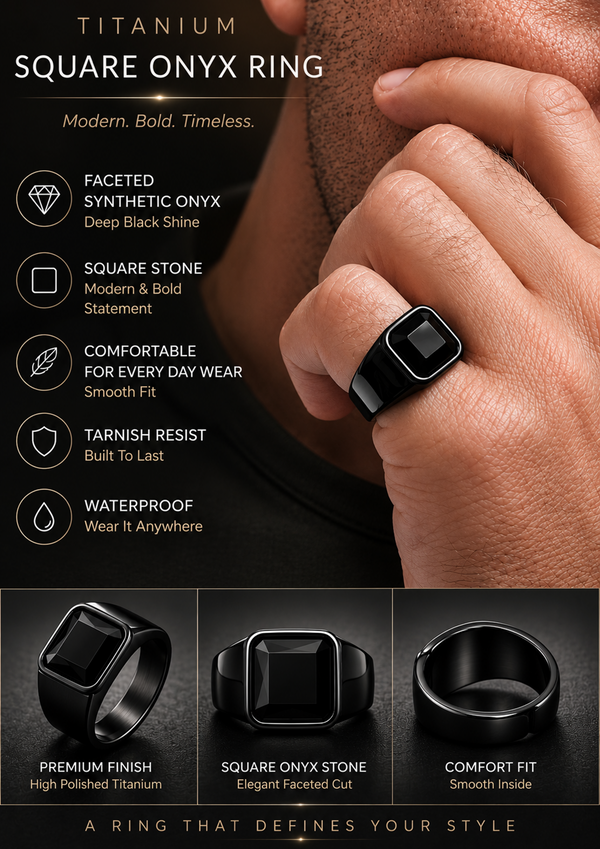 Men's Square Black Onyx Ring – Black Titanium Signet Ring