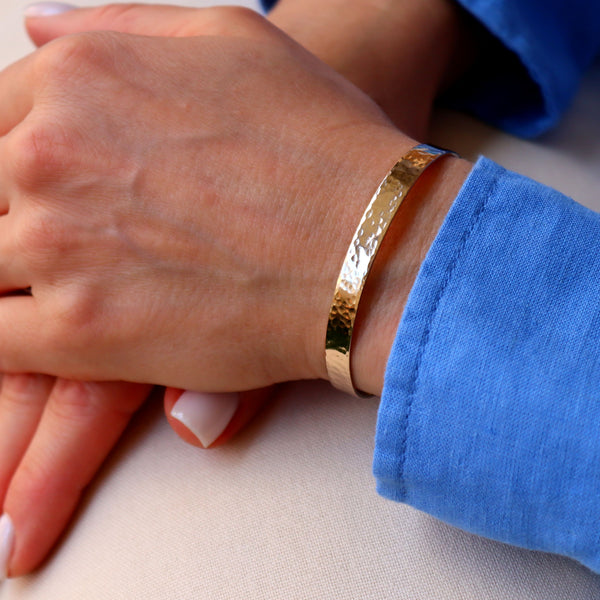Flat Hammered Bangle Bracelet - Yellow Gold Filled Cuff - 1st Wedding Anniversary Gift for her