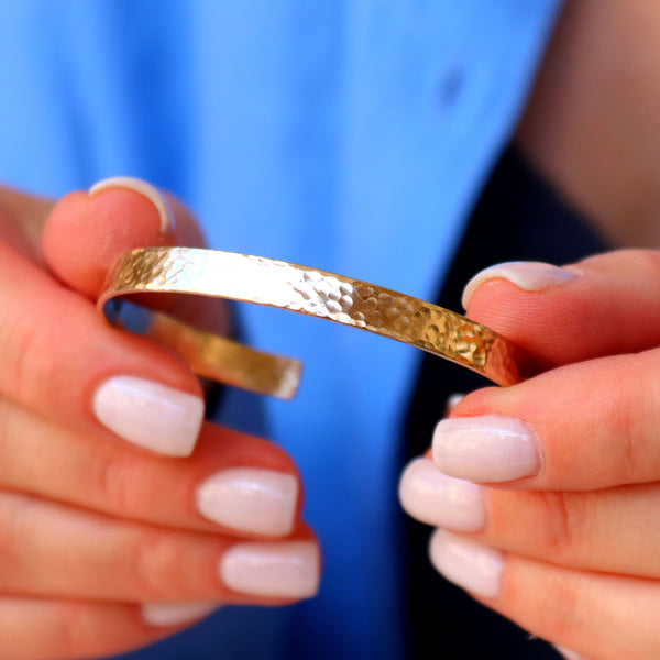 Flat Hammered Bangle Bracelet - Yellow Gold Filled Cuff - 1st Wedding Anniversary Gift for her