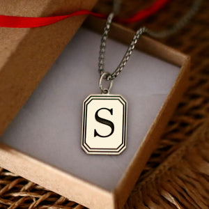 Custom Initial Tag Pendant Necklace For Men - Sterling Silver rectangular Dog Tag
