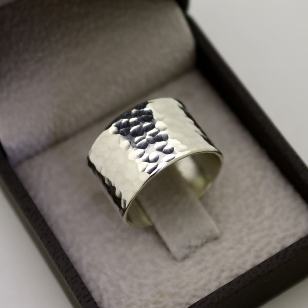 Wide Sterling Silver Hammered Band Ring for Her or Him