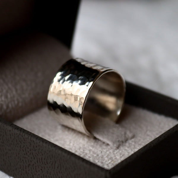 Wide Sterling Silver Hammered Band Ring for Her or Him