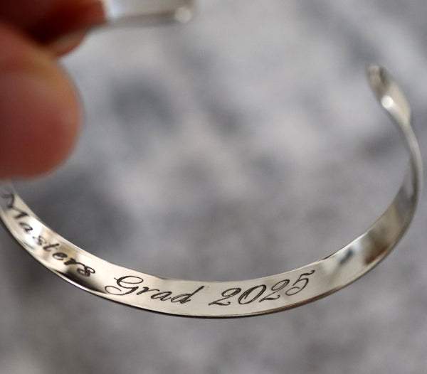 Sterling silver Engraved Graduation cuff bracelet Personalized Grad Gift for him / her