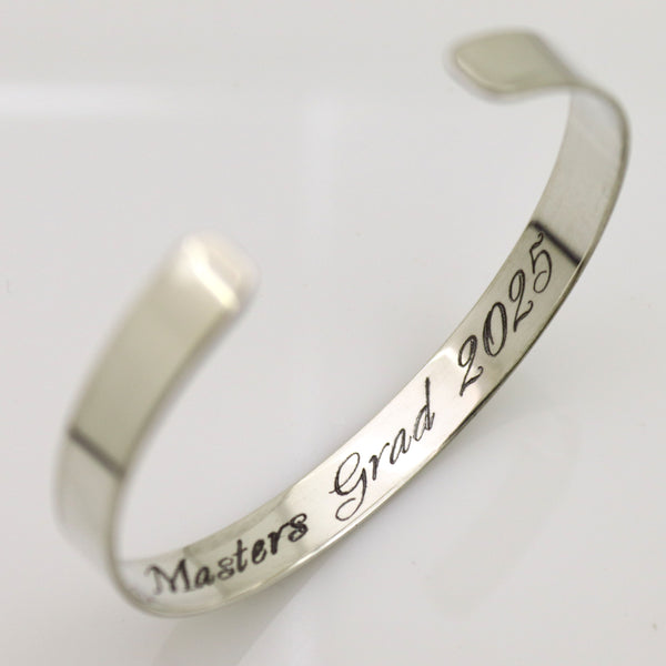 Sterling silver Engraved Graduation cuff bracelet Personalized Grad Gift for him / her