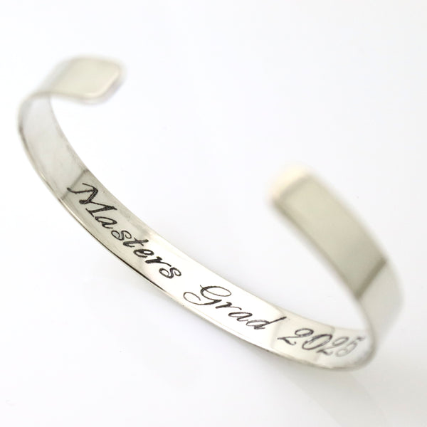 Sterling silver Engraved Graduation cuff bracelet Personalized Grad Gift for him / her