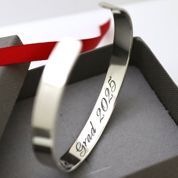 Sterling silver Engraved Graduation cuff bracelet Personalized Grad Gift for him / her