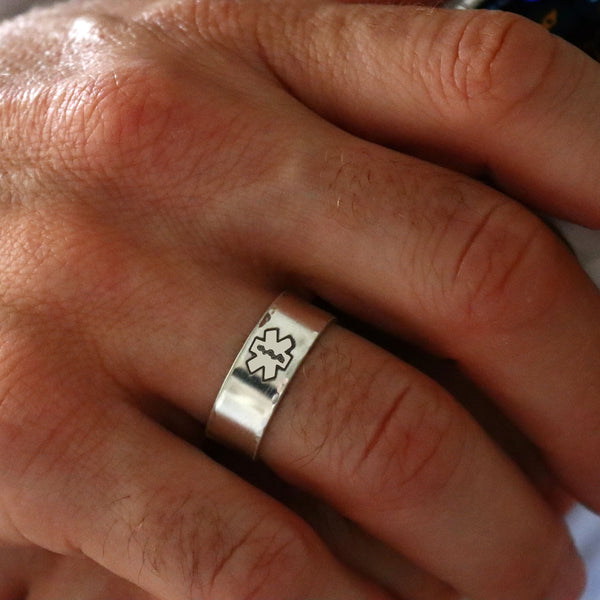 Personalized Caduceus Ring Sterling Silver Band with Med Alert Symbols