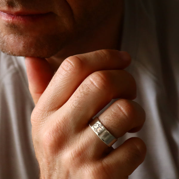 Personalized Caduceus Ring Sterling Silver Band with Med Alert Symbols