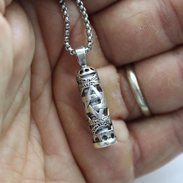 Sterling Silver Mezuzah Necklace for Men – Star of David Pendant with Hebrew Scroll | Unique Jewish Gift from Israel | Messianic Blessing Jewelry