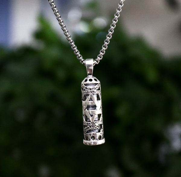 Sterling Silver Mezuzah Necklace for Men – Star of David Pendant with Hebrew Scroll | Unique Jewish Gift from Israel | Messianic Blessing Jewelry
